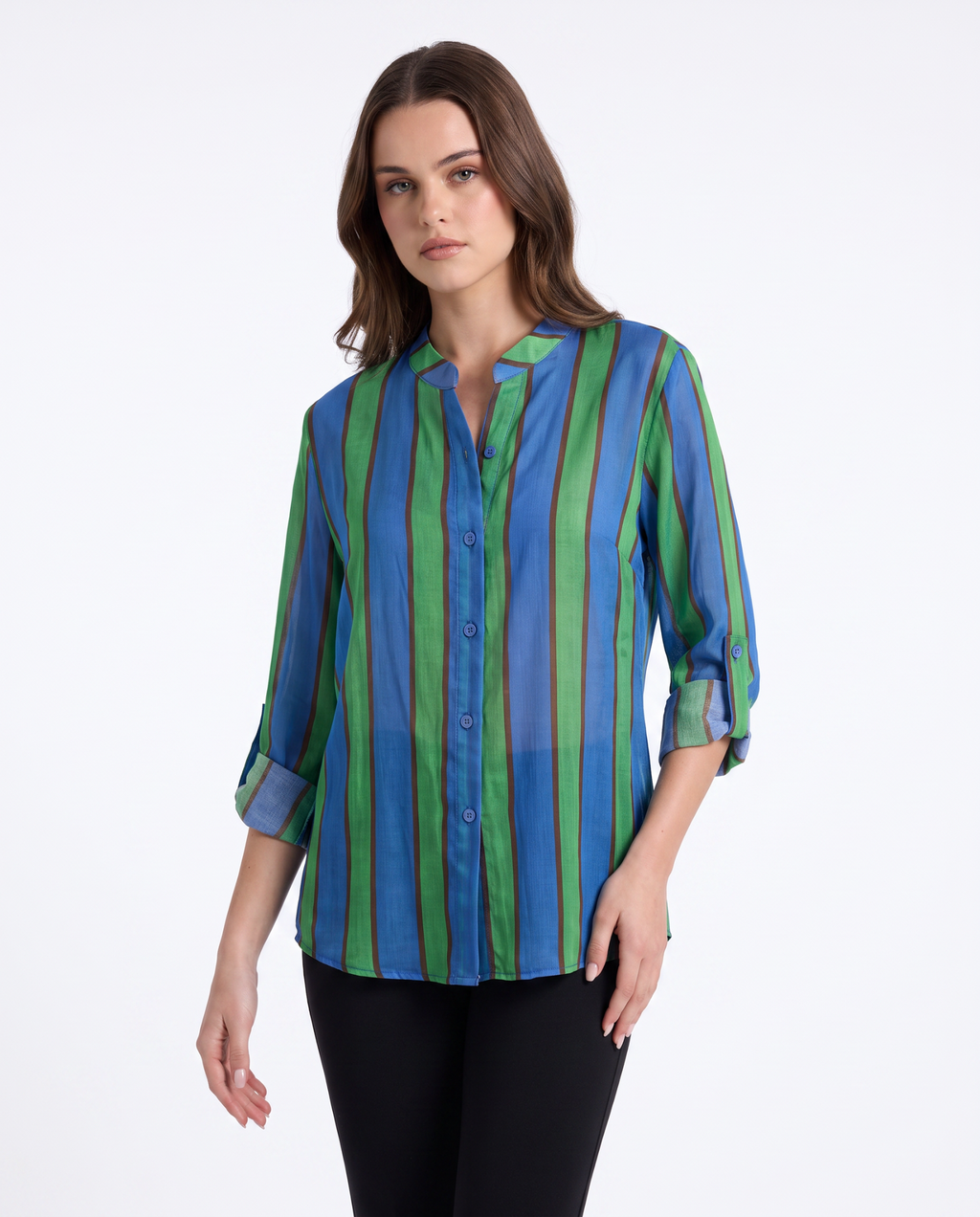 Camicia donna a righe verticali con collo alla coreana